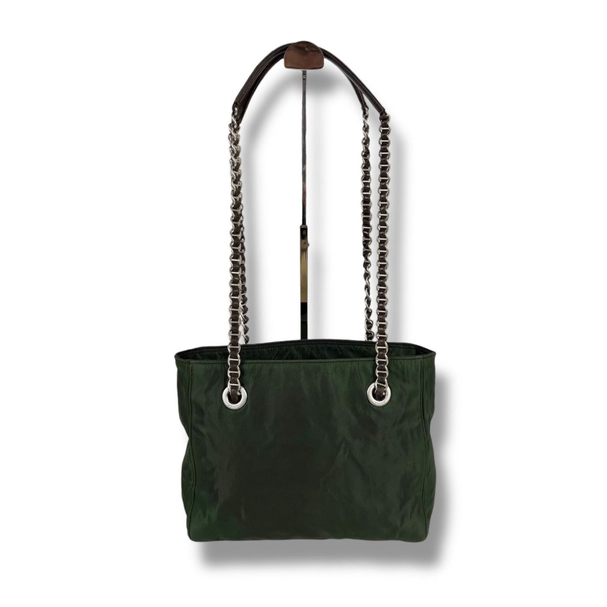 Prada Mini Tote Chain Shoulder Bag Tessuto Nylon Khaki Green Triangle Logo — view 2