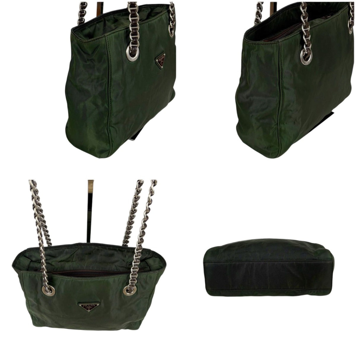 Prada Mini Tote Chain Shoulder Bag Tessuto Nylon Khaki Green Triangle Logo — view 3