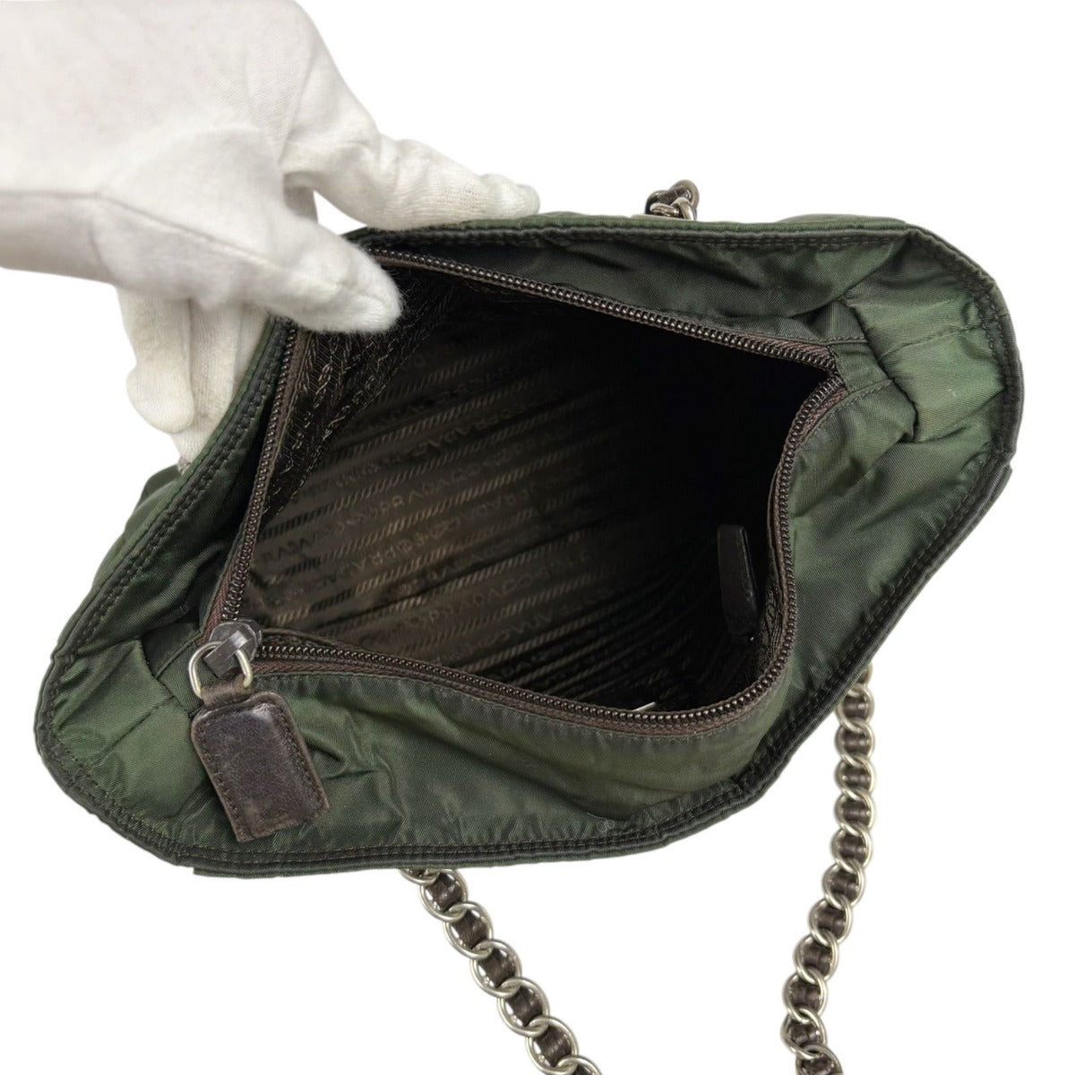 Prada Mini Tote Chain Shoulder Bag Tessuto Nylon Khaki Green Triangle Logo — view 7