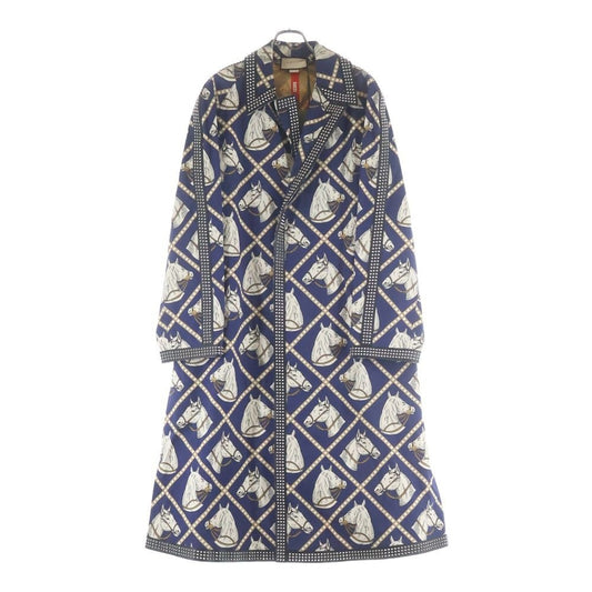Gucci Leather Studded Lining Hose Print Long Coat Navy