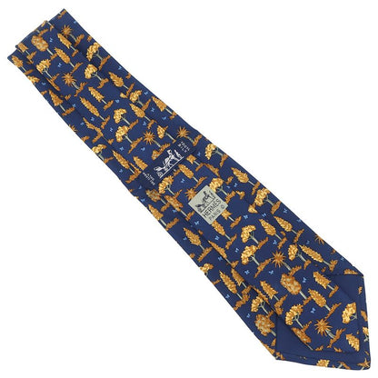 Hermes Tie with Botanical Pattern 8.5cm (3.35in) Silk Navy Blue and Orange Navy