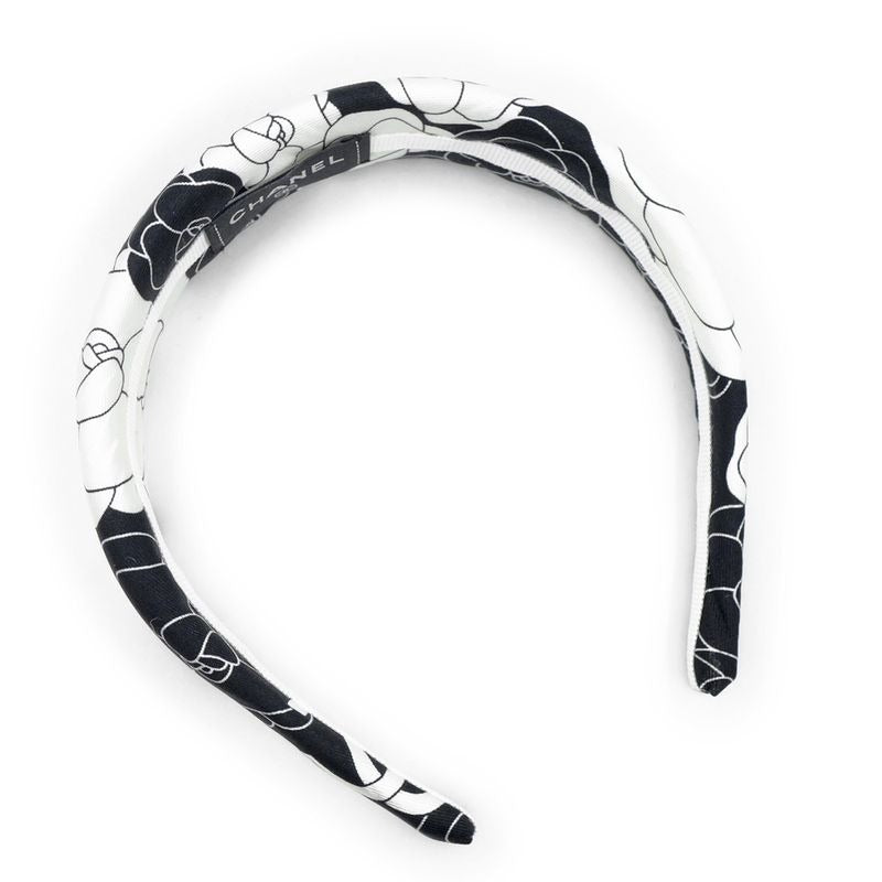Chanel Headband Camellia 100% Silk White Black Accessories