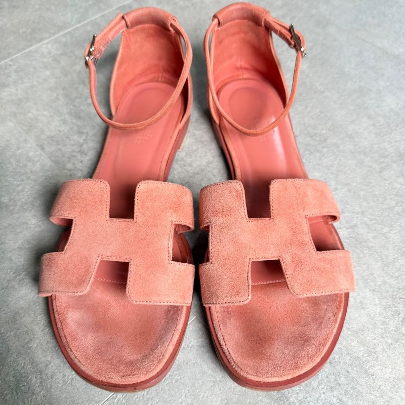 Hermes Santoni Strap Sandals Flat Shoes Coral Orange Suedeleather 38 25cm