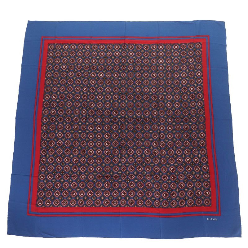 Chanel Vintage 100% Silk Logo Total Print Carre 140 Size Scarf Blue Red