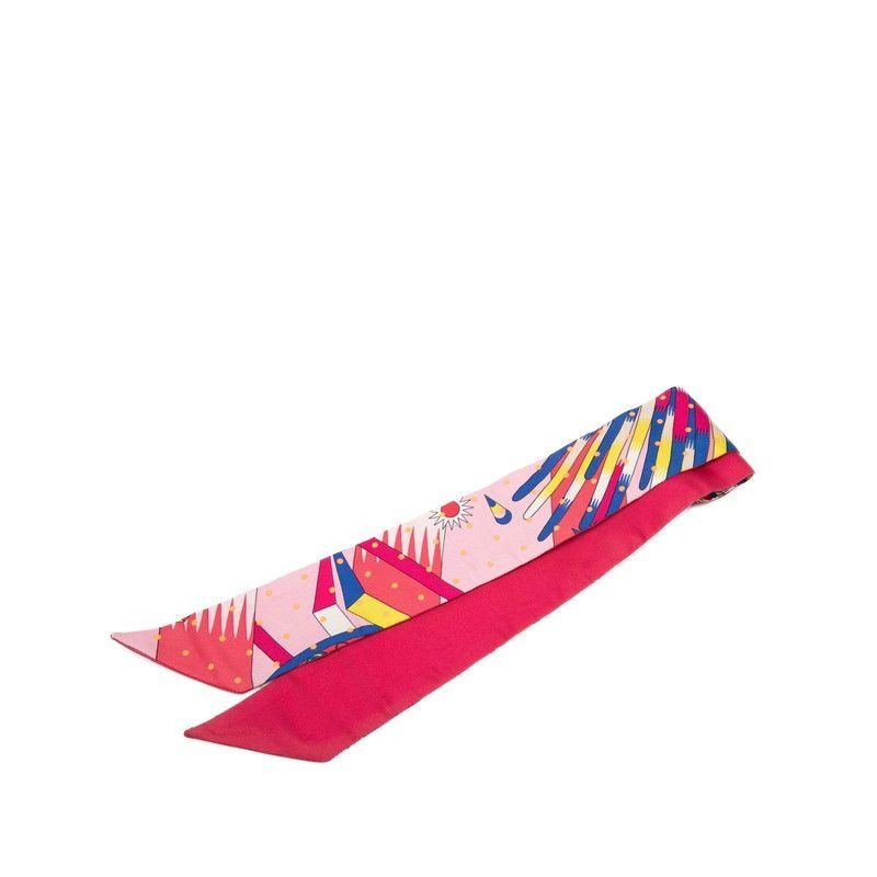 Hermes Twilly Plumetis Plume Tee Scarf Pink Multicolor Silk