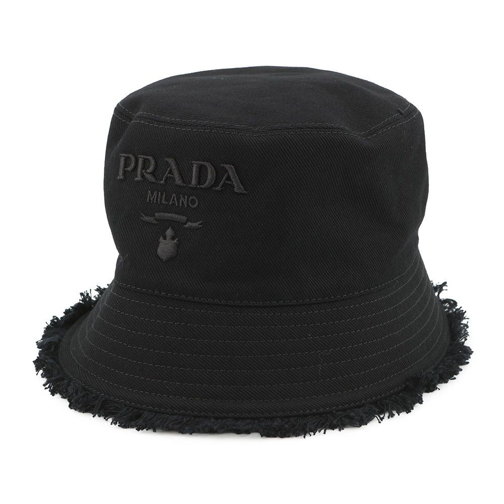 Prada Hat Drill Logo Fringe Cotton S Bucket Black
