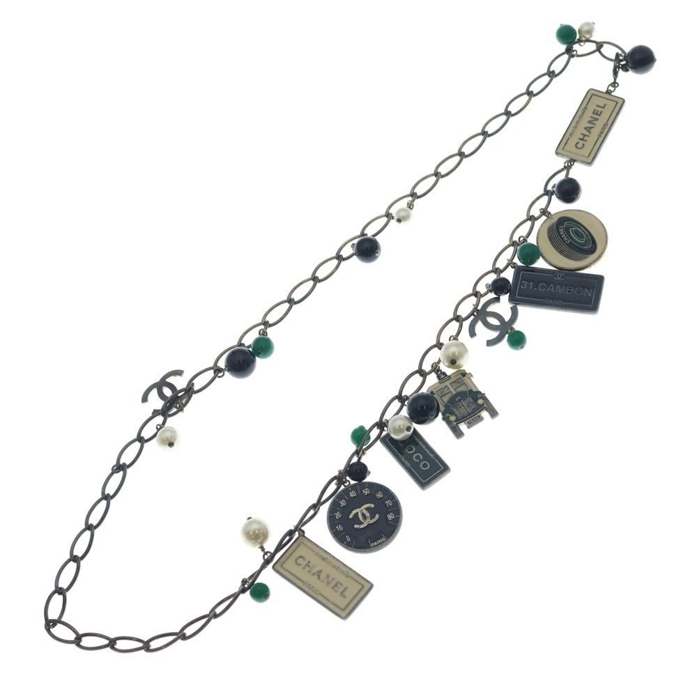 Chanel CC Logo Tag Necklace Pendant Chain Black Cream Green Gold