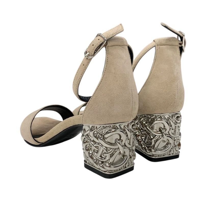 Hermes Gram 60 Sandals Shoes Suede Beige Silver Chaine D'ancre Metal Heel Strap
