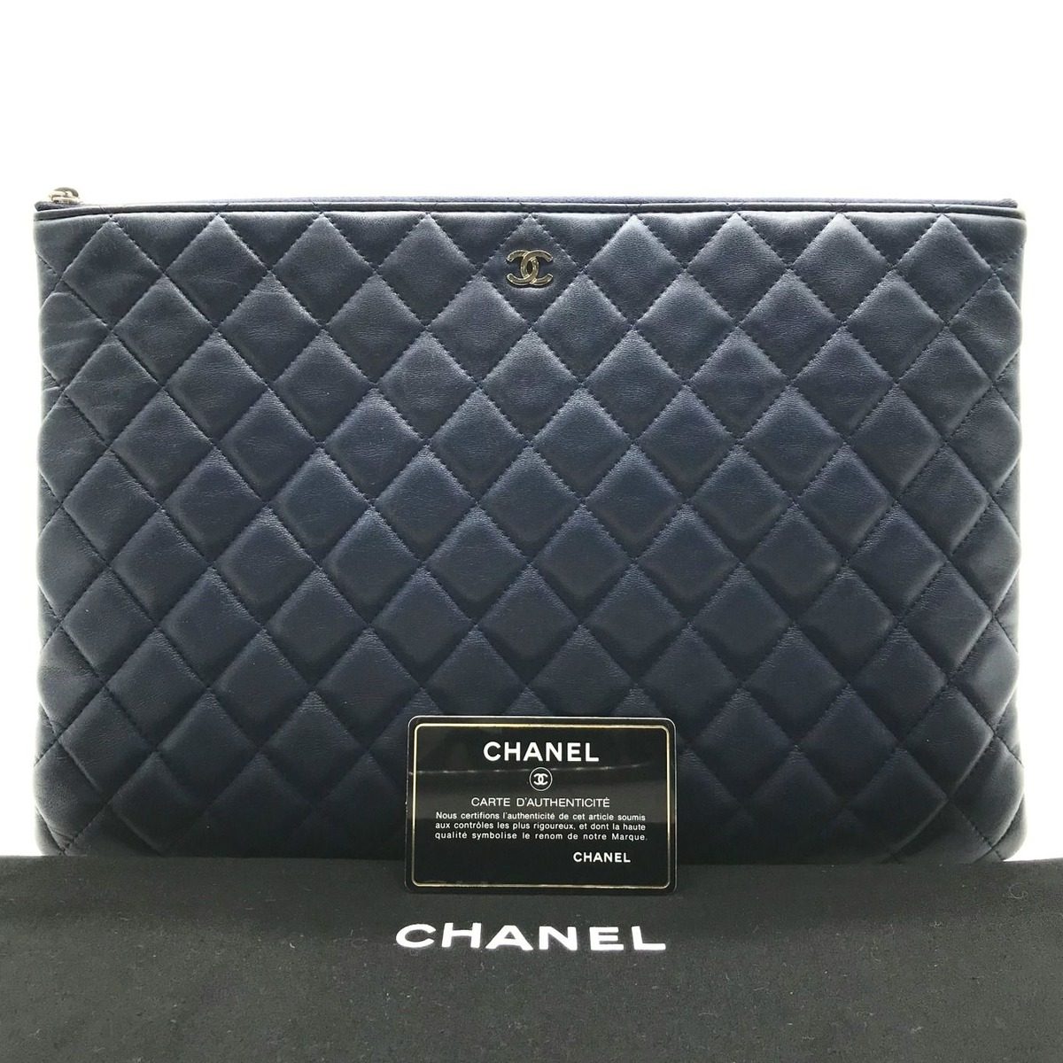 Chanel Quilted Lambskin CC Logo Clutch Navy