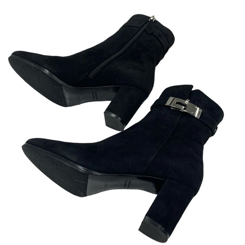 Hermes Saint Germain Boots Short Boots Shoes Suede Black Silver Kelly Hardware