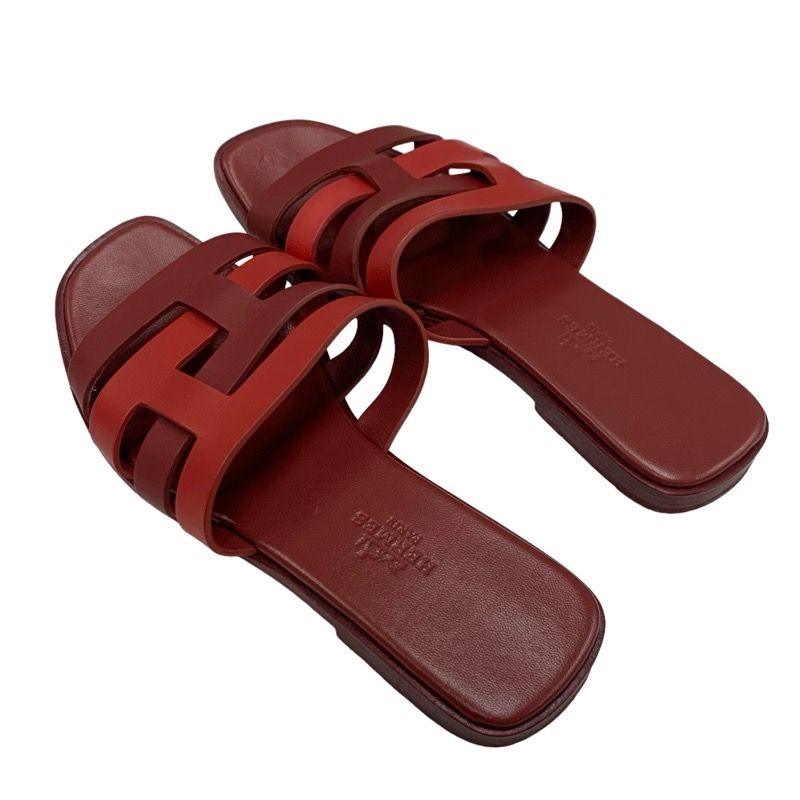 Hermes Amica Sandals Shoes Leather Wine Red Flat Sandals Mules
