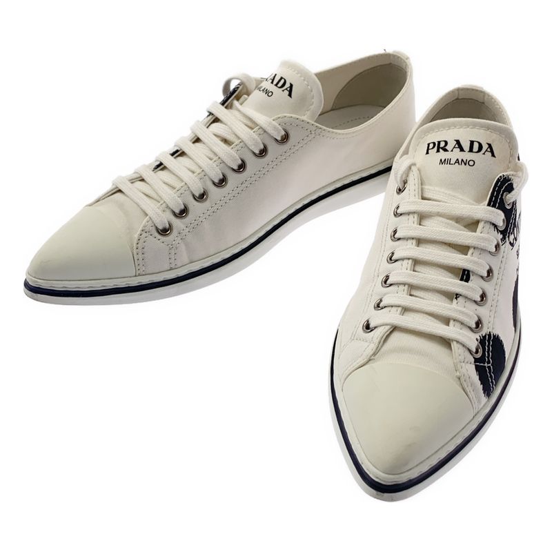 Prada Dotted Canvas Pointed Toe Sneakers - 36 - White - Women's