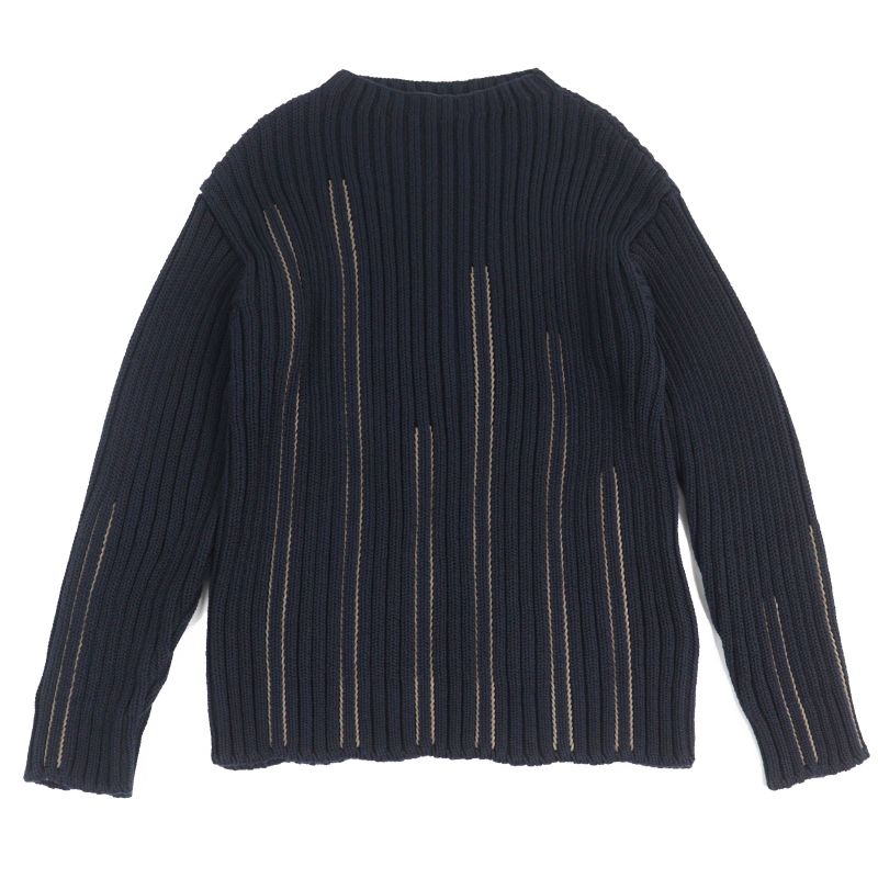 Hermes 2021 100% Cotton Leather Braided Mock Neck Long Sleeve Knit Navy M Made