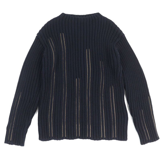 Hermes 2021 100% Cotton Leather Braided Mock Neck Long Sleeve Knit Navy M Made