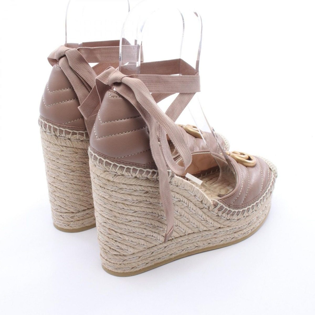 Gucci Sandals GG Marmont Lace Up Espadrilles Wedge Sole Beige Leather — view 2