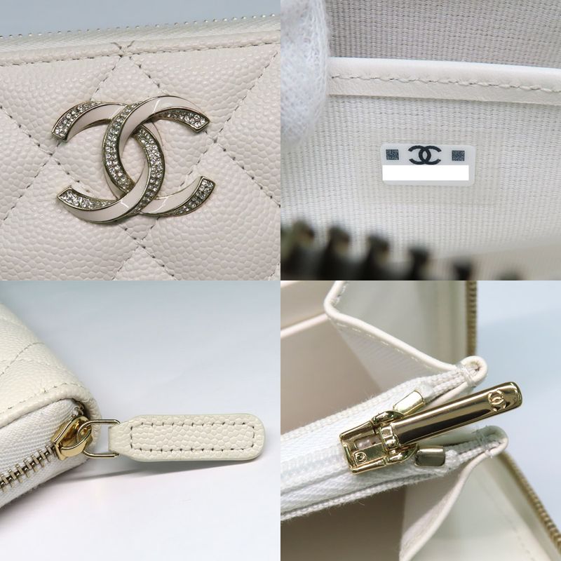 Chanel Long Zip Wallet Ap3337 Matelasse Caviar Skin White Gdhardware