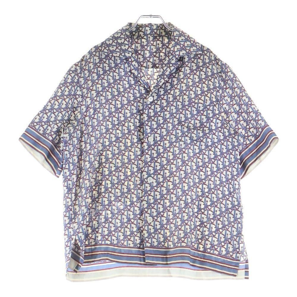 Dior Oak All Over Print Silk Short Sleeve Shirt Blue