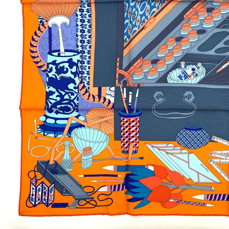Hermes Carre 90 Les Tresors D'un Artiste A Painter's Treasure Orange And Blue