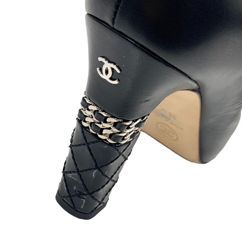 Chanel Boots Short Boots Shoes Leather Patent Black Silver Here Mark Chain