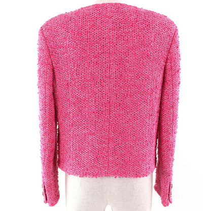 CHANEL P70041 Coco Mark Gold Button Cotton Tweed Collarless Jacket Pink 36 Made