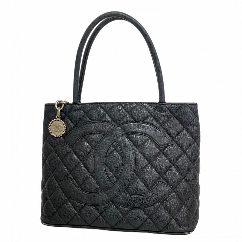 Chanel Tote Bag Revival Tote Caviar Skin Black Silver Hardware Women's