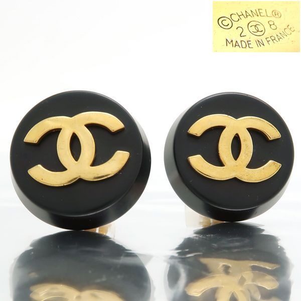 Chanel Earrings 2 8 Coco Mark Black Gold GP Round Large Vintage