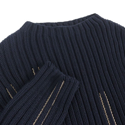 Hermes 2021 100% Cotton Leather Braided Mock Neck Long Sleeve Knit Navy M Made