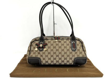 Gucci Shoulder Bag Sherry Line GG Canvas Leather Beige Dark Brown 161720