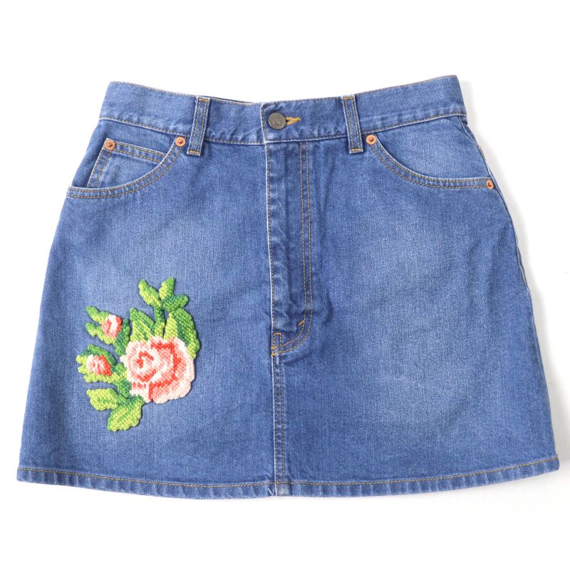Gucci 456973 100% Cotton Flower Embroidered Denim Skirt Mini Skirt Indigo 42