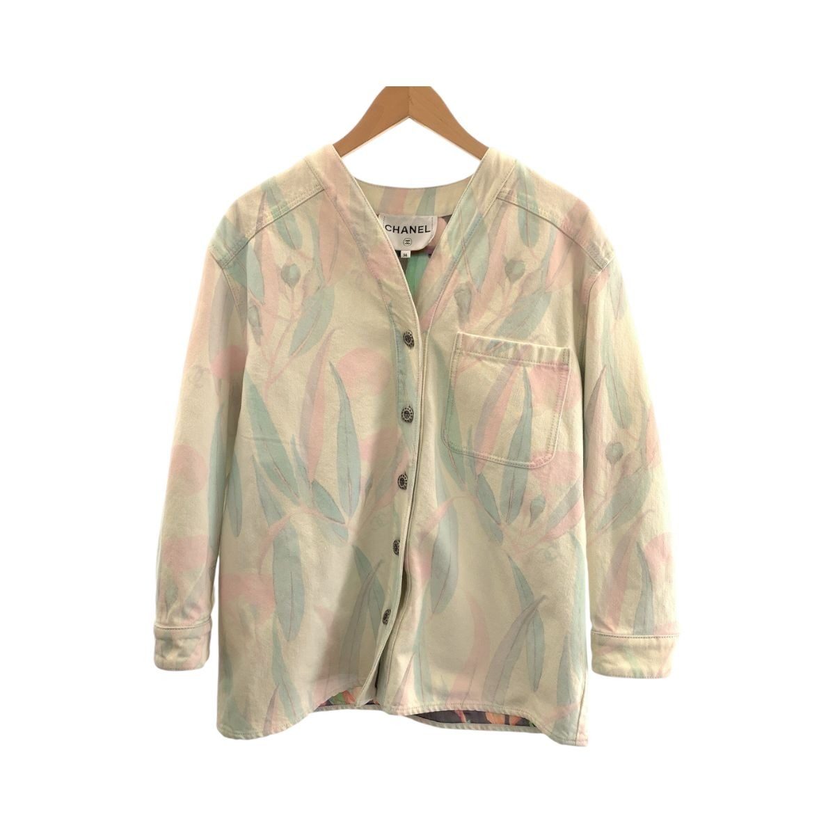Chanel Botanical CC Logo 36 Pink Pastel Color Denim Jacket Collarless