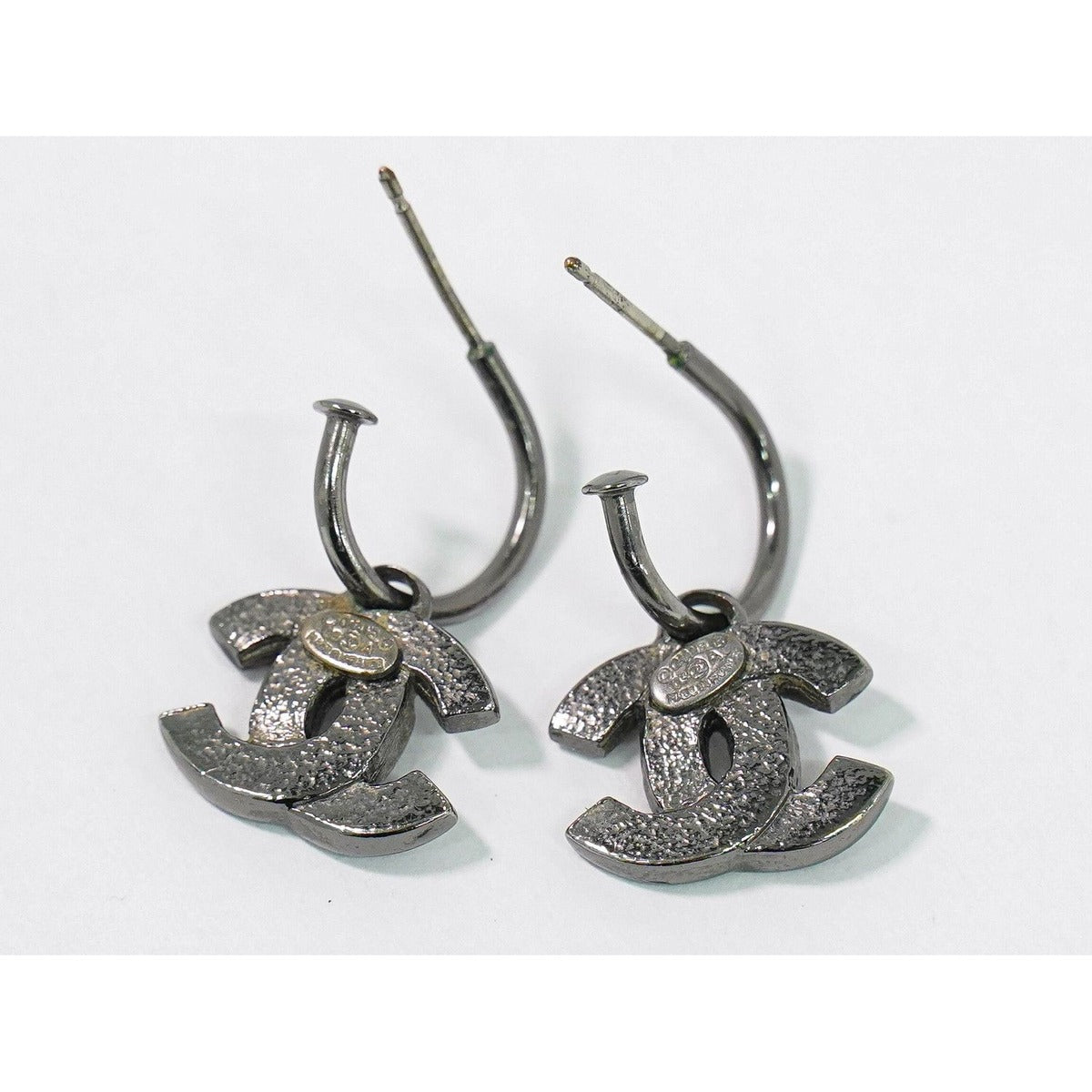 Chanel CC Logo Rhinestone Hook Earrings Metal Gunmetal — view 2