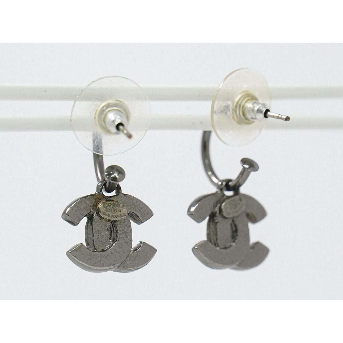 Chanel CC Logo Rhinestone Hook Earrings Metal Gunmetal — view 8