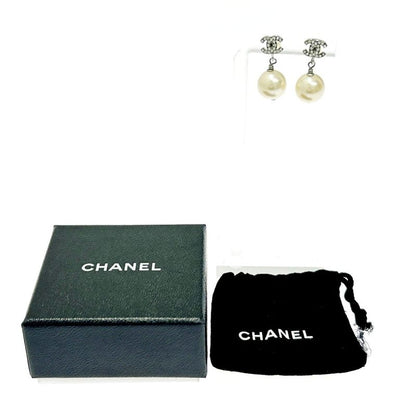 Chanel Metal Rhinestone Faux Pearl B14v Coco Mark Swing Earrings Silver 351237
