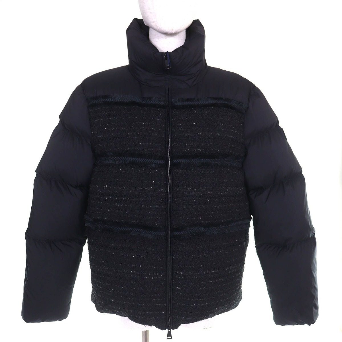 Moncler Aucun Logo Patch Tweed Contrast Stand Collar Double Zip Down Jacket