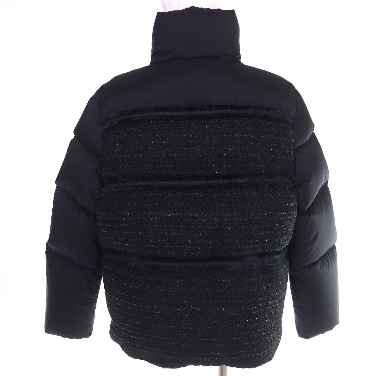 Moncler Aucun Logo Patch Tweed Contrast Stand Collar Double Zip Down Jacket — view 3