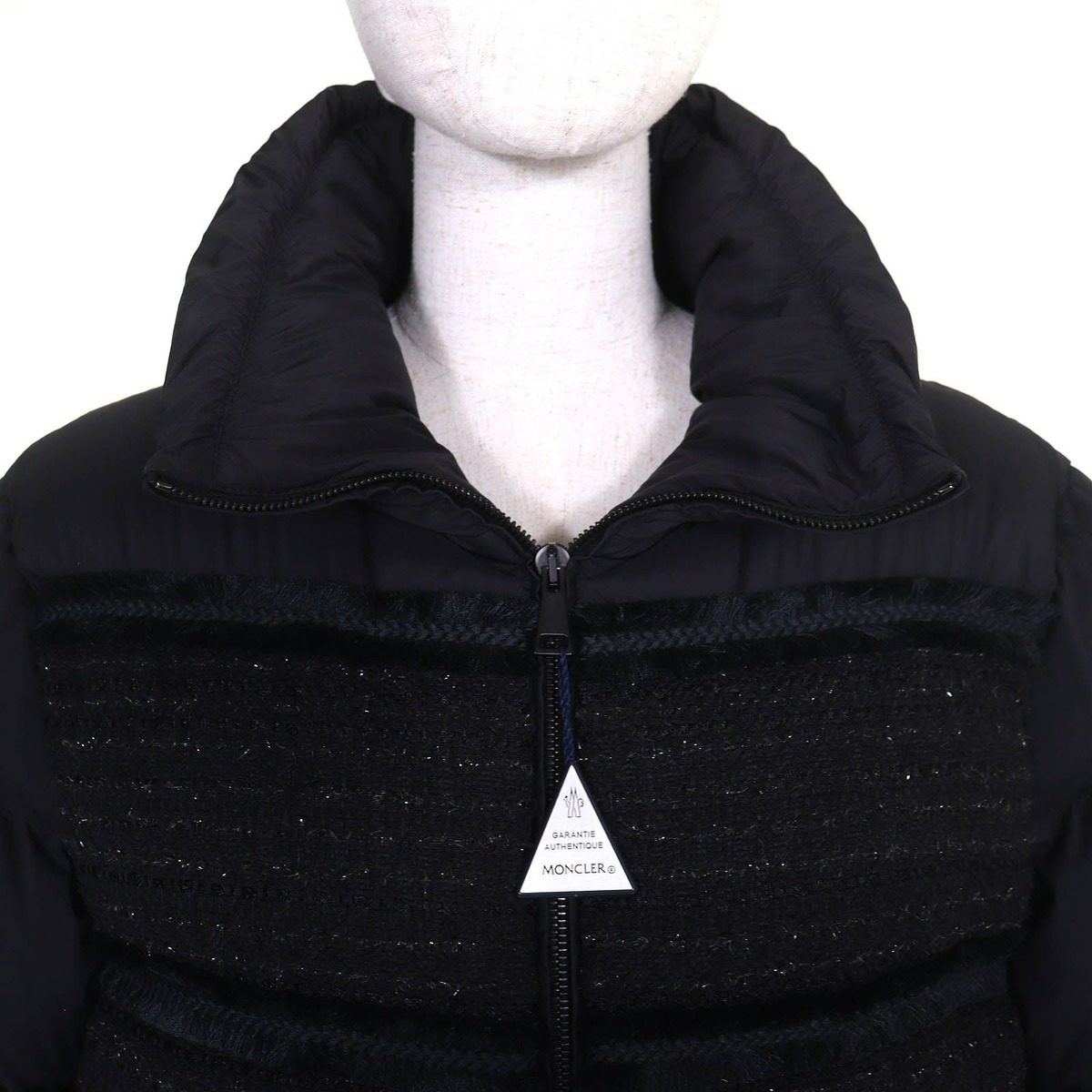 Moncler Aucun Logo Patch Tweed Contrast Stand Collar Double Zip Down Jacket — view 4