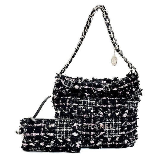 Chanel 22 As3260 Black Pink Shoulder Bag Tweed Silver