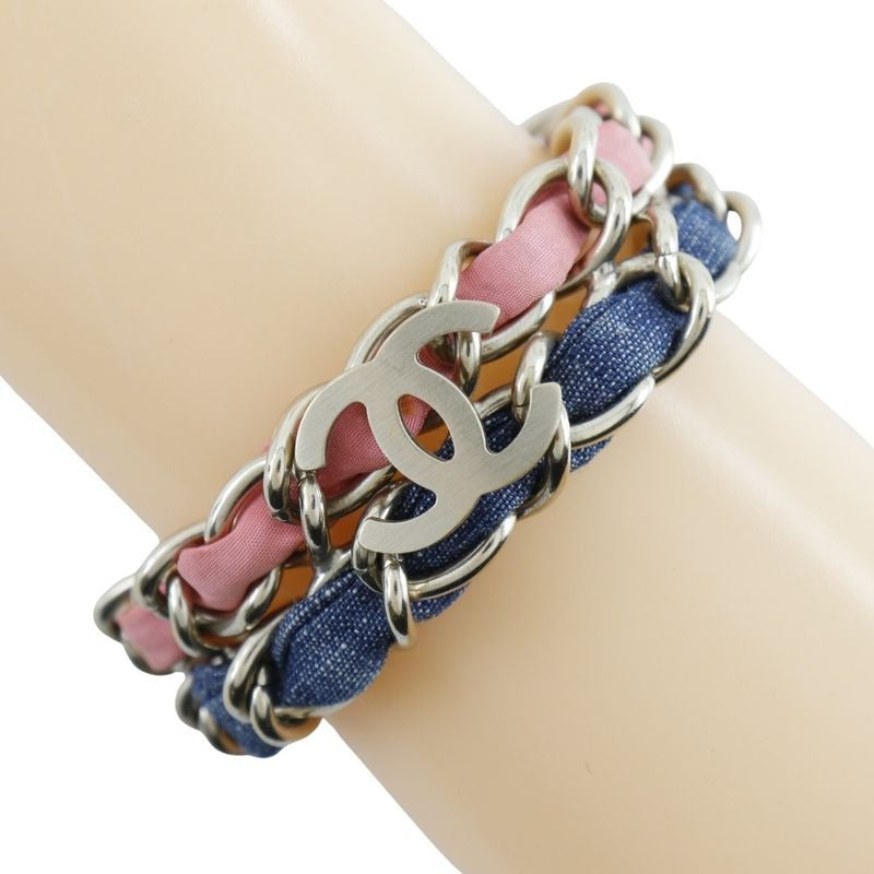 Chanel Coco Mark Chain 2 Rings Metal And Denim Silver 53 g Bracelet