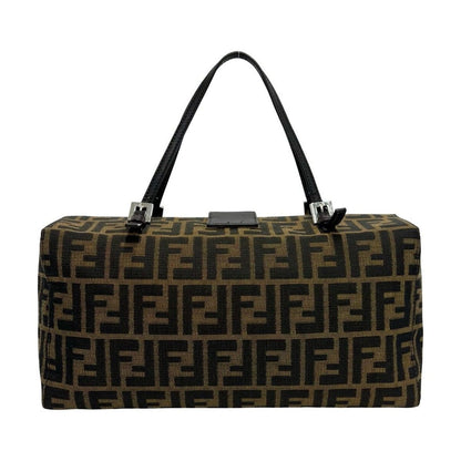 Fendi Zucca FF Pattern Canvas Leather Boston Bag Tote Brown Black — view 3