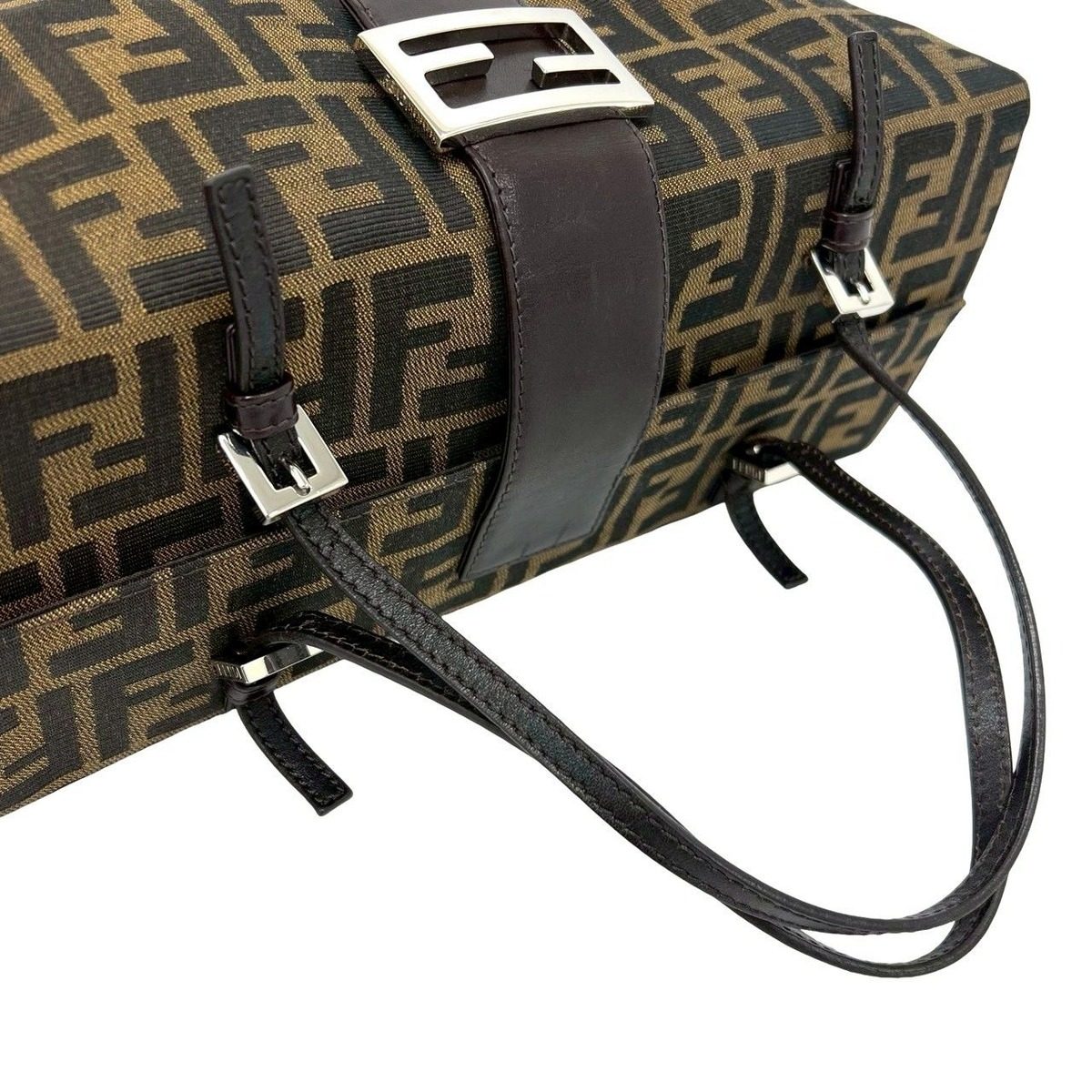 Fendi Zucca FF Pattern Canvas Leather Boston Bag Tote Brown Black — view 4