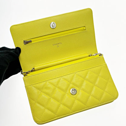 Chanel Matelasse Ap0250 Yellow Chain Wallet Shoulder Bag Caviar Skin Ladies