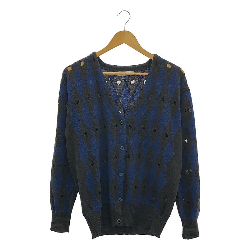 Prada - 2011 - Argyle Damaged V-neck Cardigan - 40 - Brown Blue - Women's