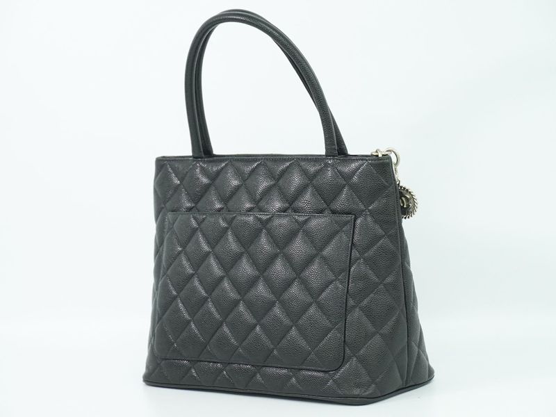 Authentic Chanel Coco Mark Revival Tote Handbag Caviar Skin Leather Black Coco