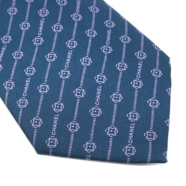 Chanel Necktie Coco Mark Camellia 9.5cm (3.74in) Silk Blue and Pink Flowers