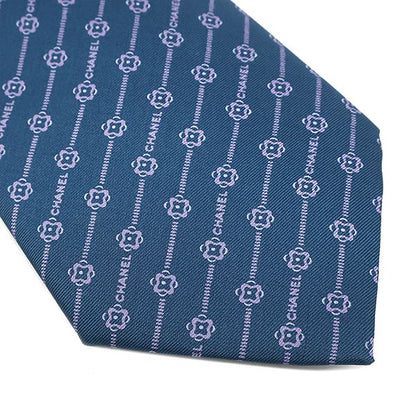 Chanel Necktie Coco Mark Camellia 9.5cm (3.74in) Silk Blue and Pink Flowers