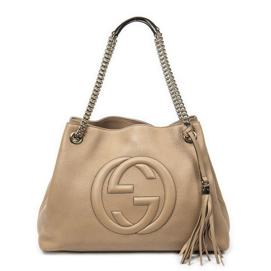 Gucci Soho Chain Tote Beige Grained Calfskin Leather A