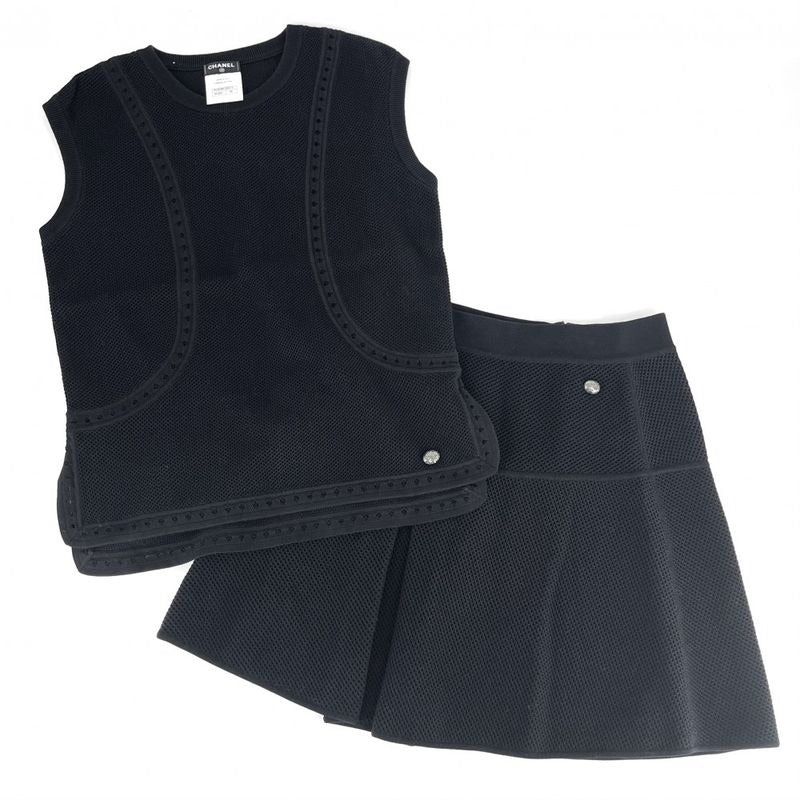 Chanel Set Suit Apparel Clothes Tank Top Mini Skirt Mesh 40 Black
