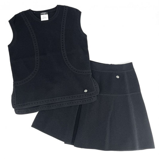 Chanel Set Suit Apparel Clothes Tank Top Mini Skirt Mesh 40 Black