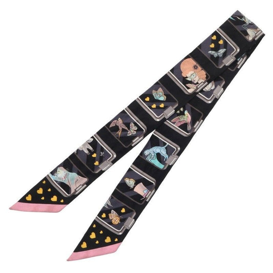 Hermes Twilly Story All Over Silk Scarf Black Tone X Pink