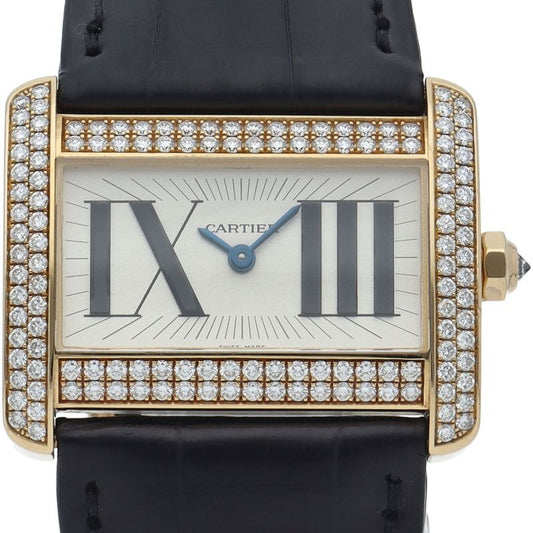 Cartier Mini Tank Divan Watch Diamond Bezel 18K Yellow Gold Leather